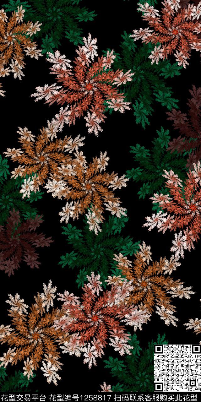 花卉抽象黑底花卉数码印花华亿平台下载（图片编号: 1258817） - 瓦栏（Walan）