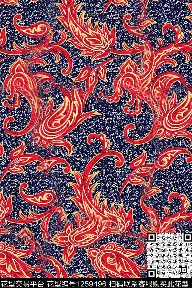 抽象花卉复古旗袍数码印花华亿平台下载（图片编号: 1259496） - 瓦栏（Walan）