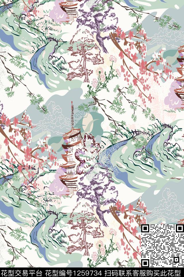 线条水墨风东方艺术数码印花华亿平台下载（图片编号: 1259734） - 瓦栏（Walan）