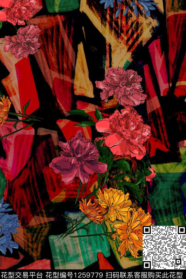 抽象花卉几何数码印花华亿平台下载（图片编号: 1259779） - 瓦栏（Walan）