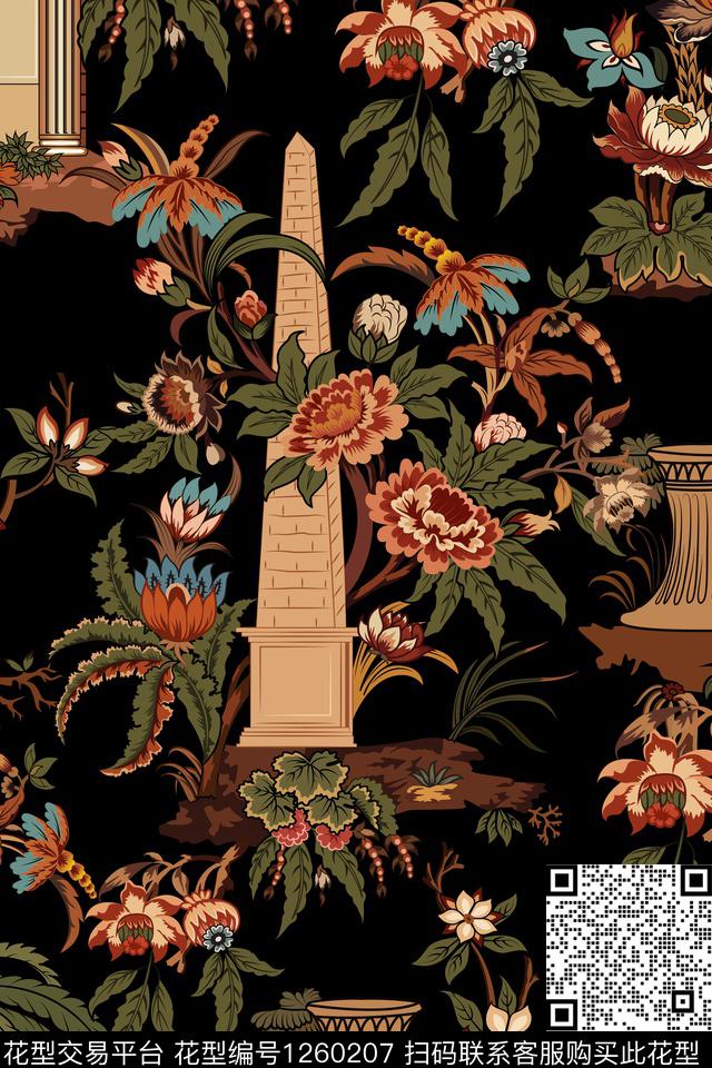 建筑民族风花卉数码印花华亿平台下载（图片编号: 1260207） - 瓦栏（Walan）