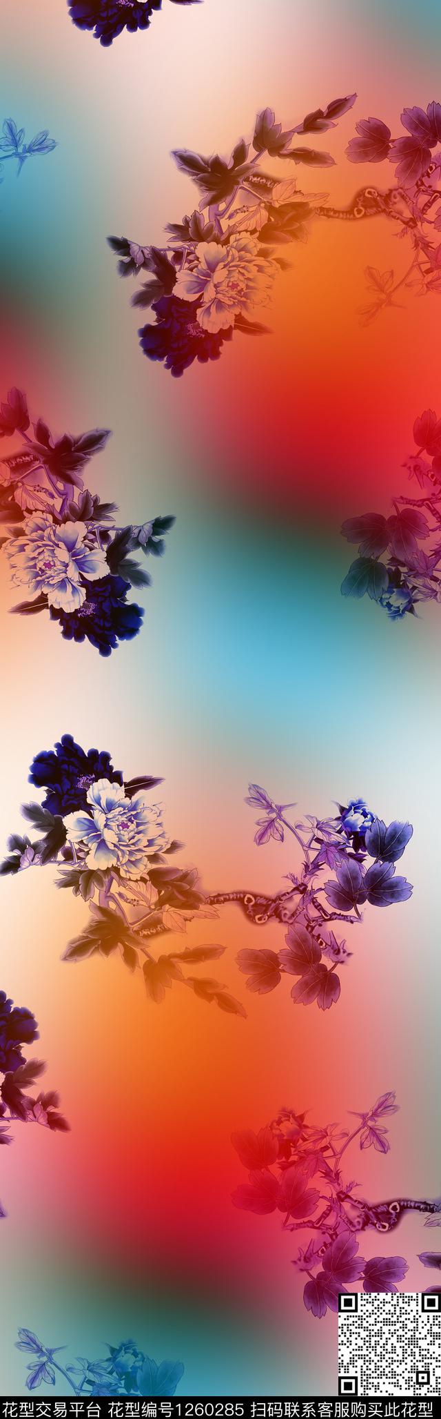 披肩长巾牡丹传统华亿平台数码印花华亿平台下载（图片编号: 1260285） - 瓦栏（Walan）