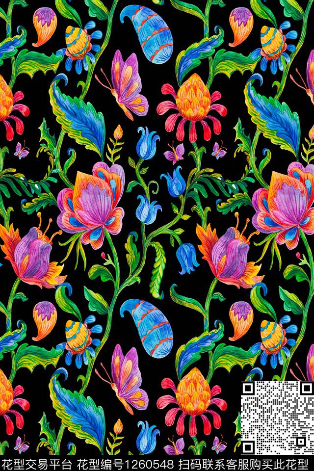 水彩手绘佩斯利数码印花华亿平台下载（图片编号: 1260548） - 瓦栏（Walan）