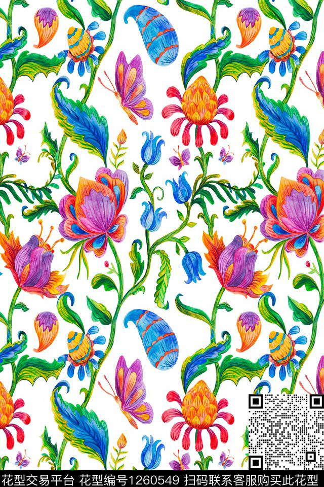 水彩手绘佩斯利数码印花华亿平台下载（图片编号: 1260549） - 瓦栏（Walan）