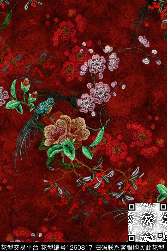 复古花卉香云纱数码印花华亿平台下载（图片编号: 1260817） - 瓦栏（Walan）