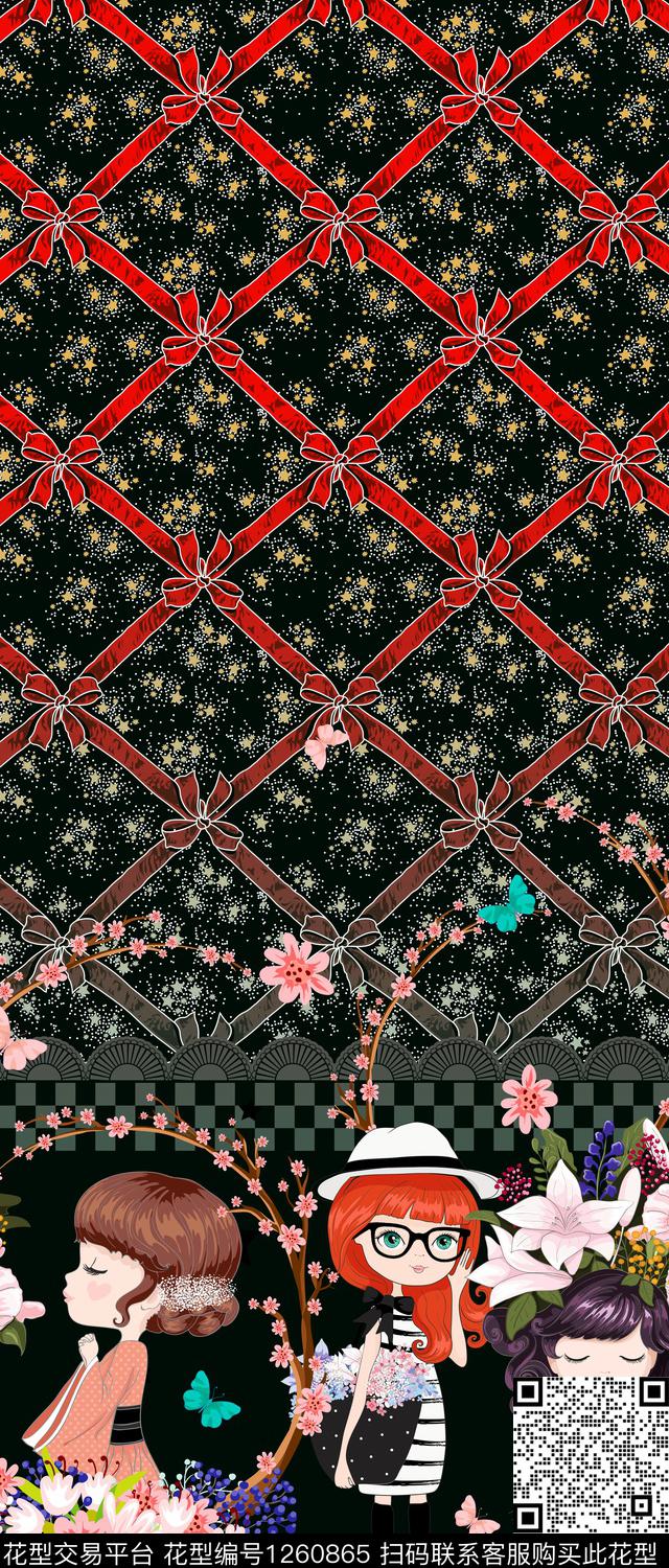蝴蝶结人物格子数码印花华亿平台下载（图片编号: 1260865） - 瓦栏（Walan）