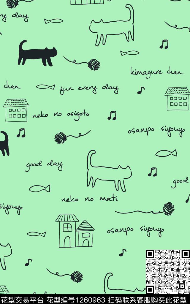 家纺线条画猫传统印花华亿平台下载（图片编号: 1260963） - 瓦栏（Walan）