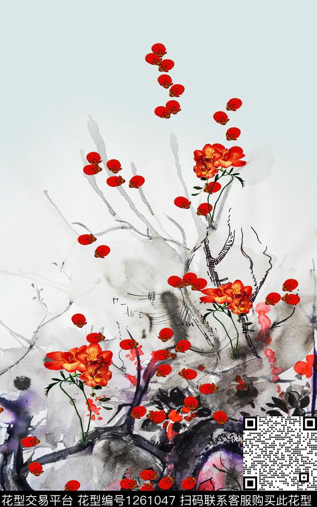 中国风定位花绿植树叶花卉数码印花华亿平台下载（图片编号: 1261047） - 瓦栏（Walan）