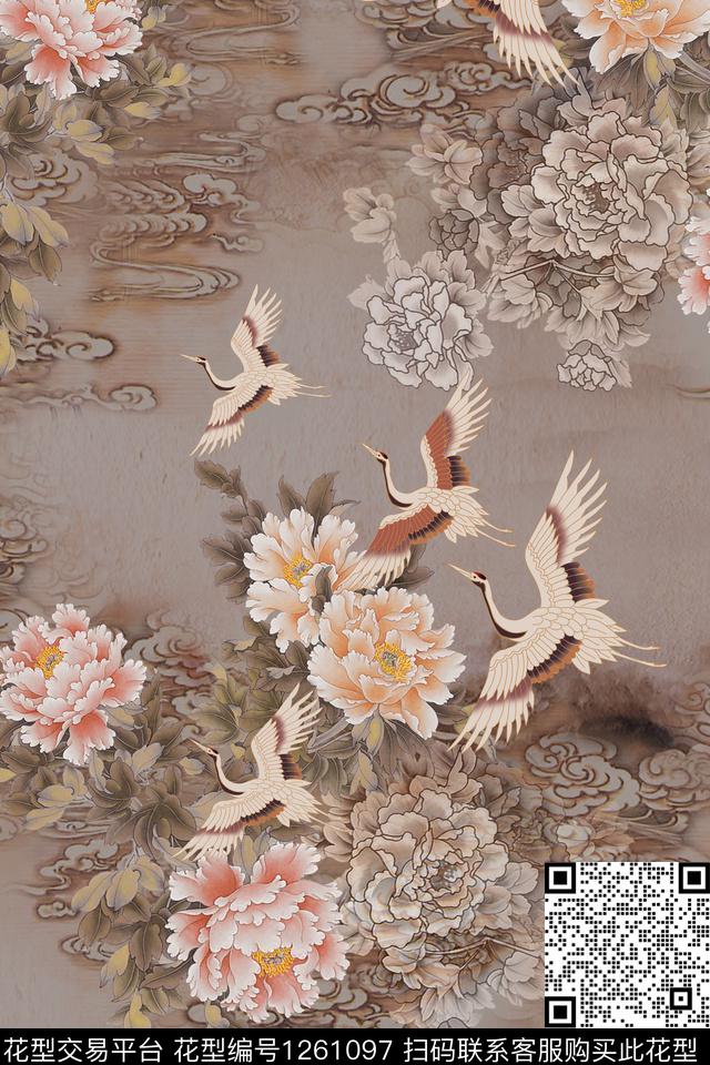 仙鹤香云纱中国风数码印花华亿平台下载（图片编号: 1261097） - 瓦栏（Walan）