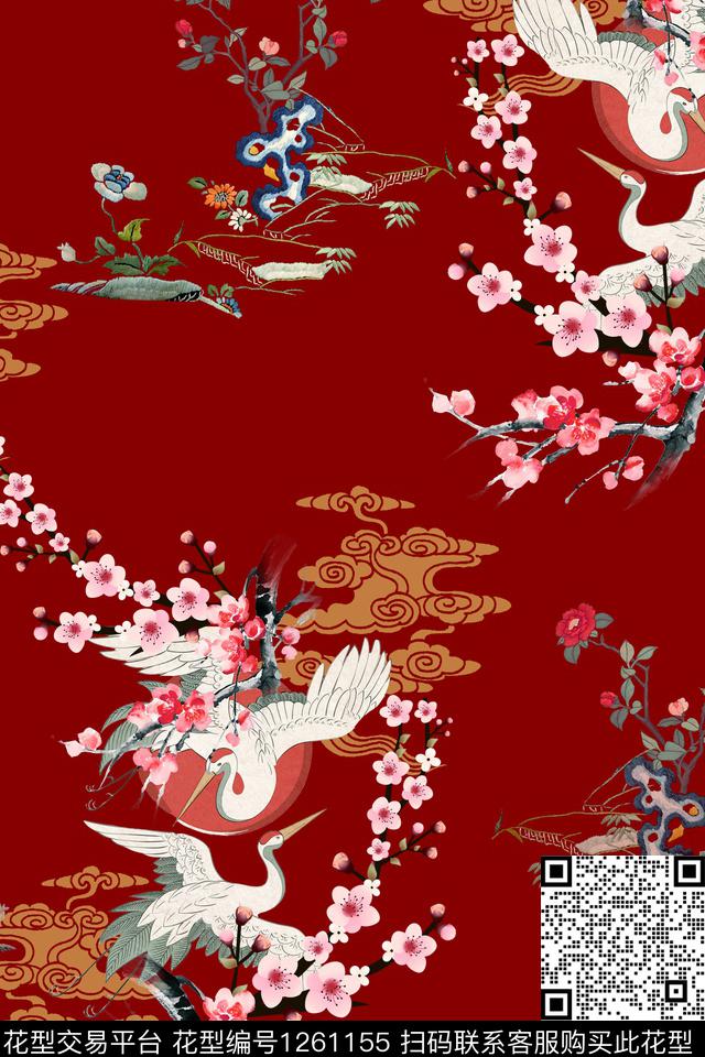 梅花仙鹤大牌风数码印花华亿平台下载（图片编号: 1261155） - 瓦栏（Walan）