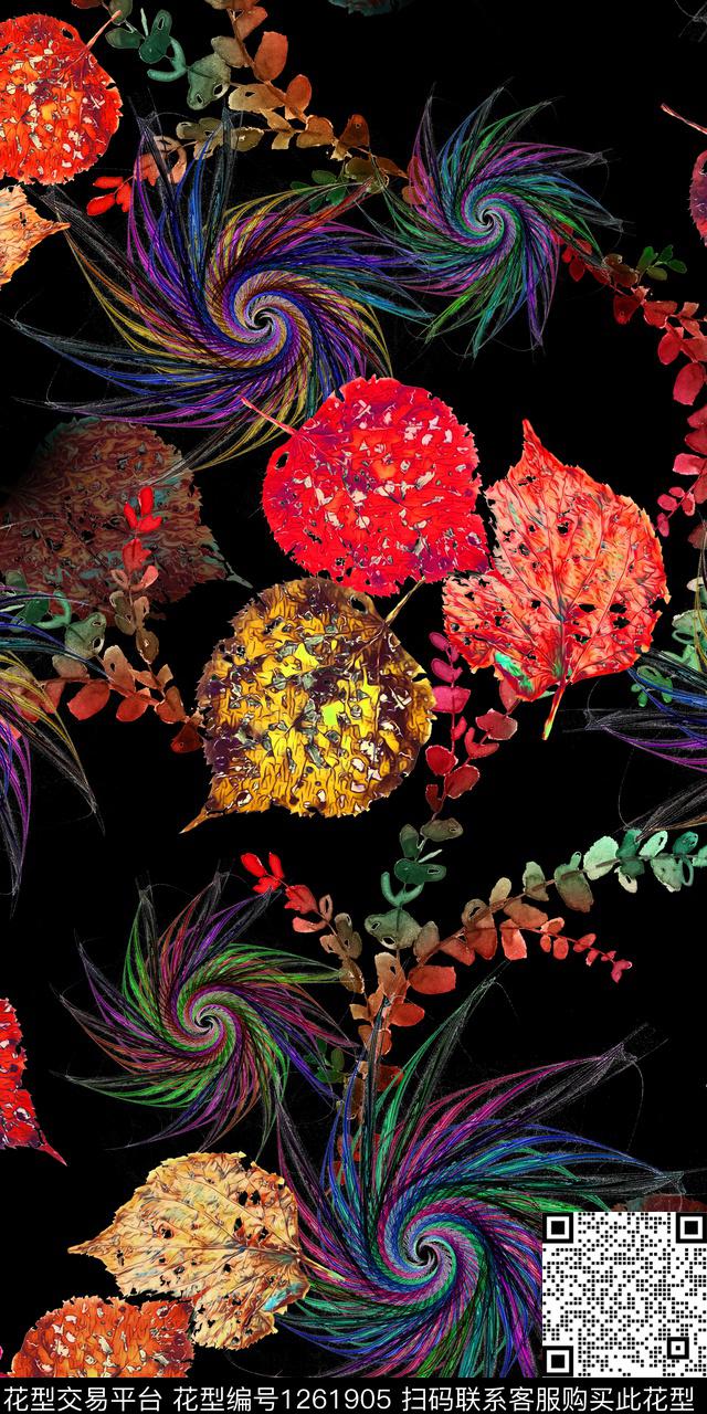 几何绿植树叶雕印华亿平台数码印花华亿平台下载（图片编号: 1261905） - 瓦栏（Walan）