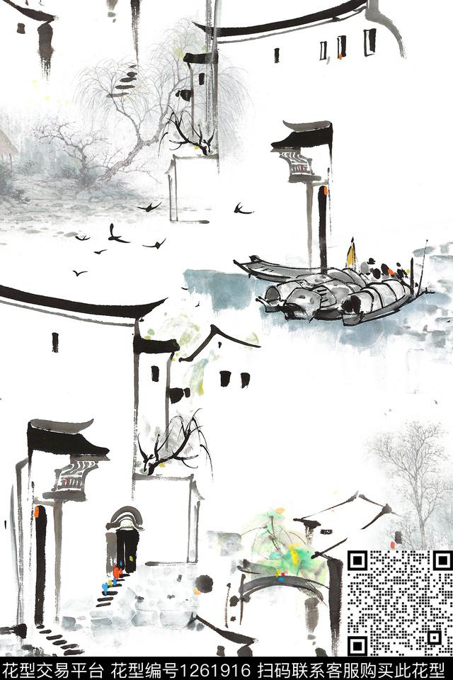 水墨风中国风写意房子数码印花华亿平台下载（图片编号: 1261916） - 瓦栏（Walan）
