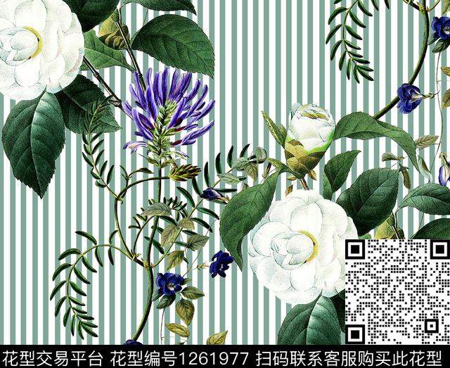 条纹花卉数码印花华亿平台下载（图片编号: 1261977） - 瓦栏（Walan）