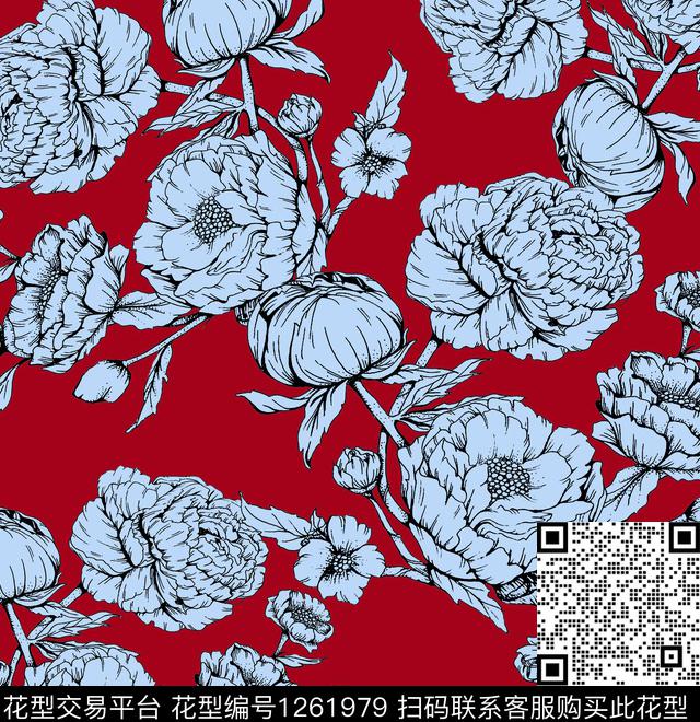 牡丹签字笔画peony数码印花华亿平台下载（图片编号: 1261979） - 瓦栏（Walan）