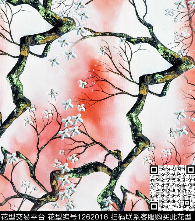 梅花水彩花卉数码印花华亿平台下载（图片编号: 1262016） - 瓦栏（Walan）