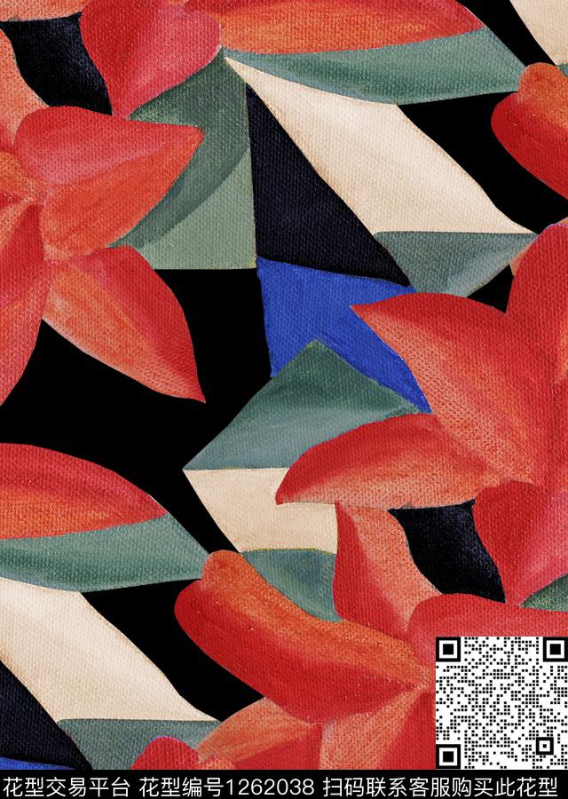 彩底花卉几何数码印花华亿平台下载（图片编号: 1262038） - 瓦栏（Walan）