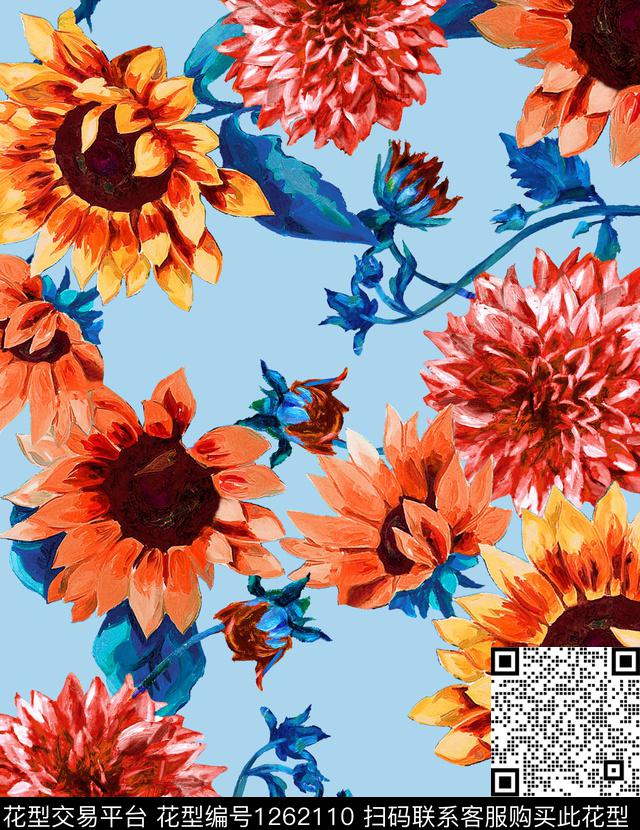 手绘花卉向日葵数码印花华亿平台下载（图片编号: 1262110） - 瓦栏（Walan）