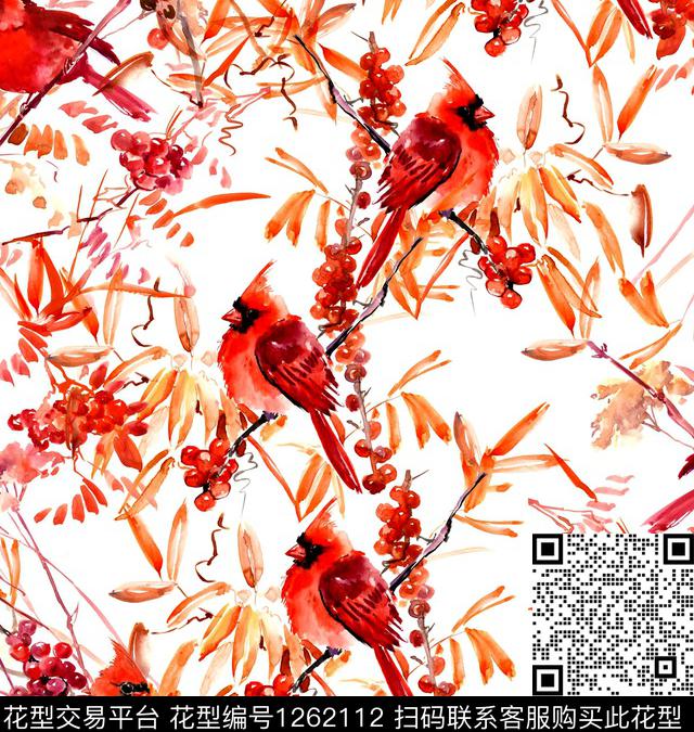 水果鸟树枝数码印花华亿平台下载（图片编号: 1262112） - 瓦栏（Walan）