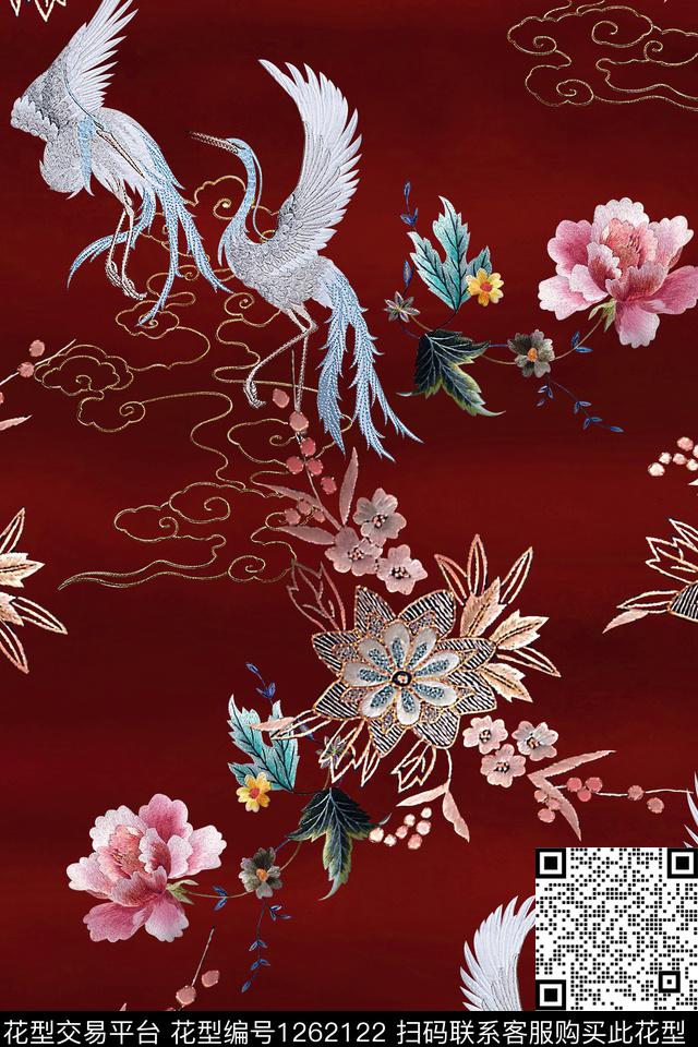 绣花华亿平台仙鹤大牌风数码印花华亿平台下载（图片编号: 1262122） - 瓦栏（Walan）