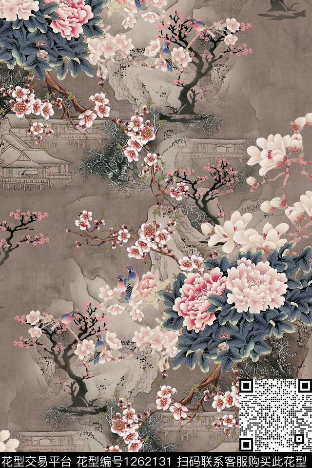 牡丹香云纱中国风数码印花华亿平台下载（图片编号: 1262131） - 瓦栏（Walan）