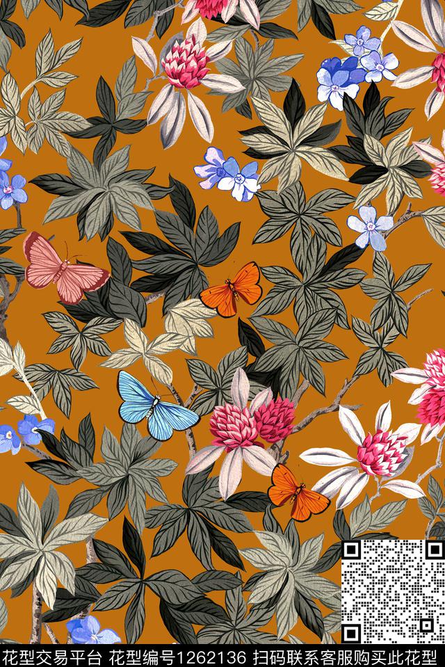 花卉绿植树叶大牌风数码印花华亿平台下载（图片编号: 1262136） - 瓦栏（Walan）