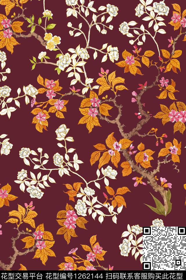 中国风花卉绿植树叶数码印花华亿平台下载（图片编号: 1262144） - 瓦栏（Walan）