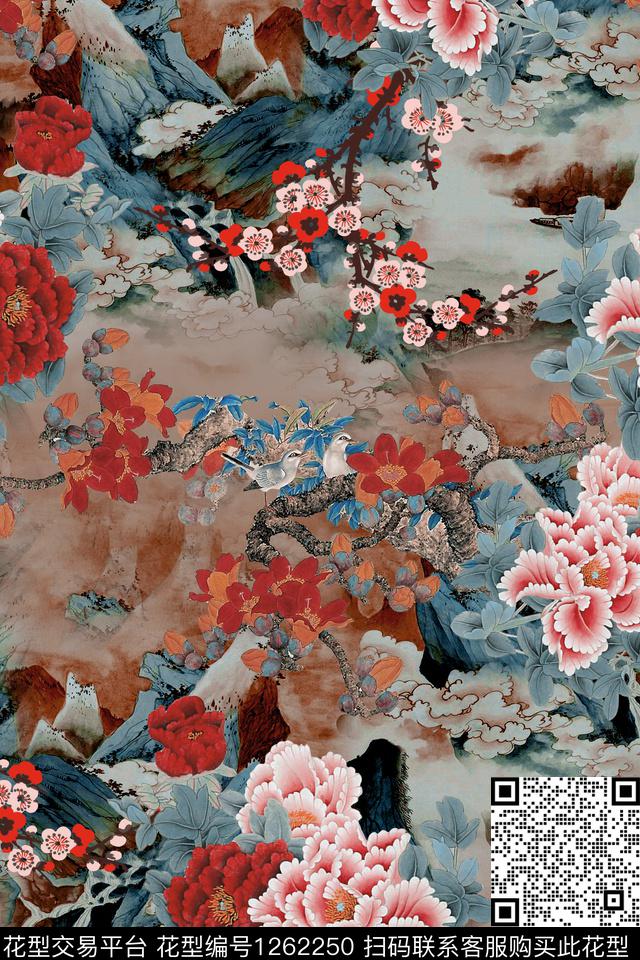 牡丹香云纱中国风数码印花华亿平台下载（图片编号: 1262250） - 瓦栏（Walan）