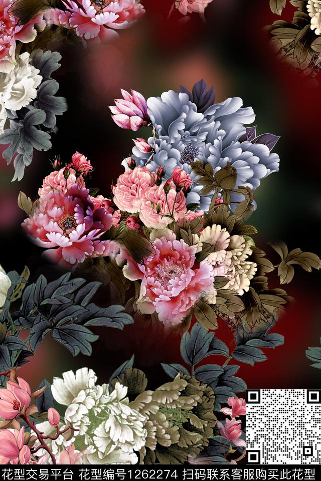 复古连衣裙花卉数码印花华亿平台下载（图片编号: 1262274） - 瓦栏（Walan）