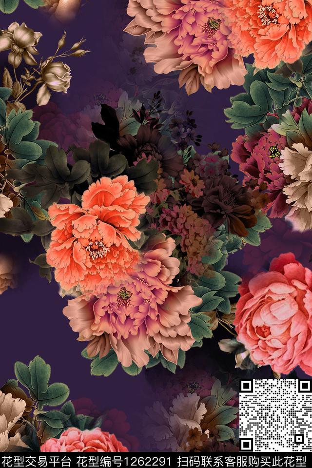 复古连衣裙花卉数码印花华亿平台下载（图片编号: 1262291） - 瓦栏（Walan）