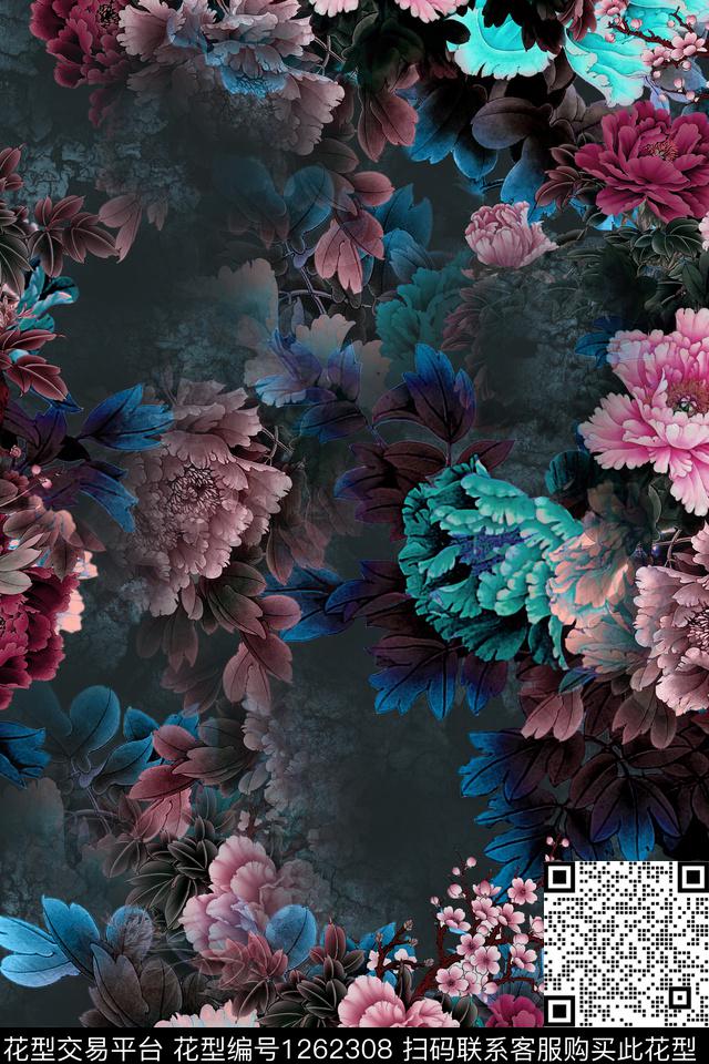 复古连衣裙花卉数码印花华亿平台下载（图片编号: 1262308） - 瓦栏（Walan）