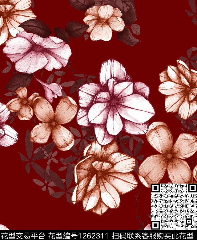 兰花手绘花卉抽象花卉数码印花华亿平台下载（图片编号: 1262311） - 瓦栏（Walan）