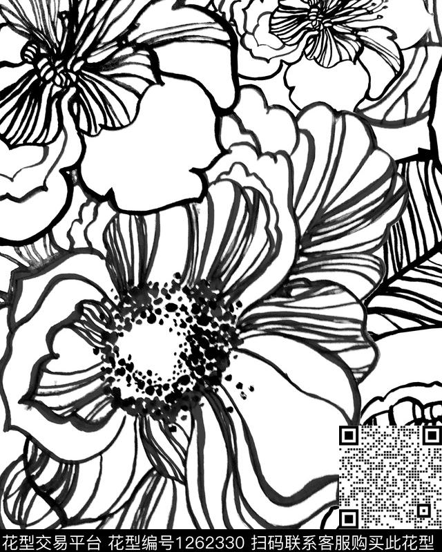 大花黑白华亿平台签字笔画数码印花华亿平台下载（图片编号: 1262330） - 瓦栏（Walan）