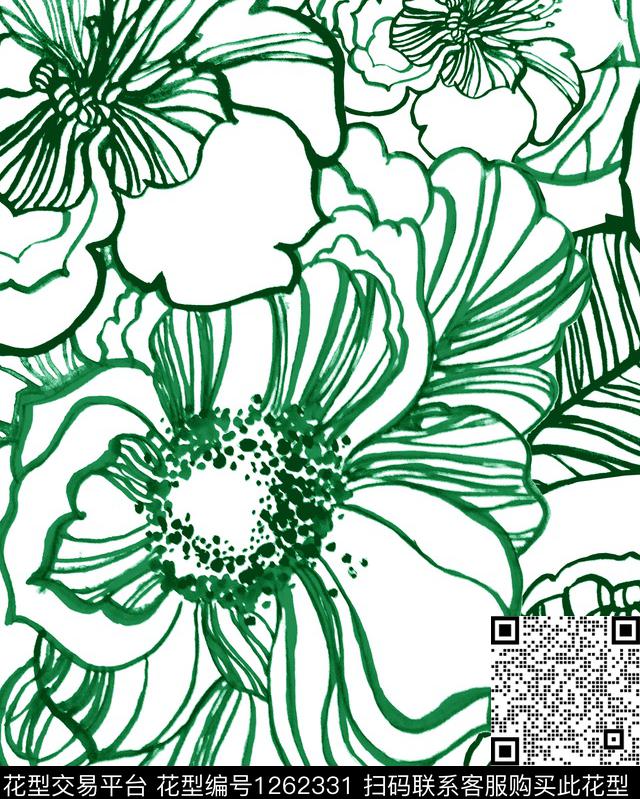 大花黑白华亿平台签字笔画数码印花华亿平台下载（图片编号: 1262331） - 瓦栏（Walan）