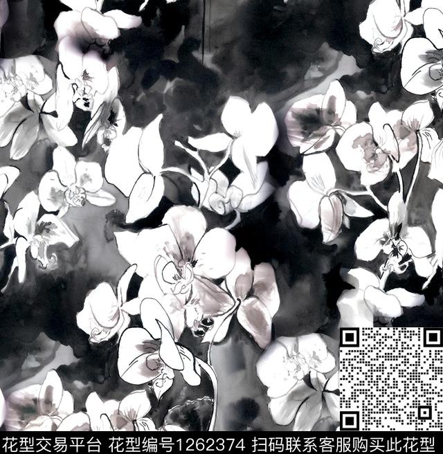 兰花手绘花卉抽象花卉数码印花华亿平台下载（图片编号: 1262374） - 瓦栏（Walan）