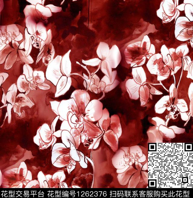 兰花手绘花卉抽象花卉数码印花华亿平台下载（图片编号: 1262376） - 瓦栏（Walan）