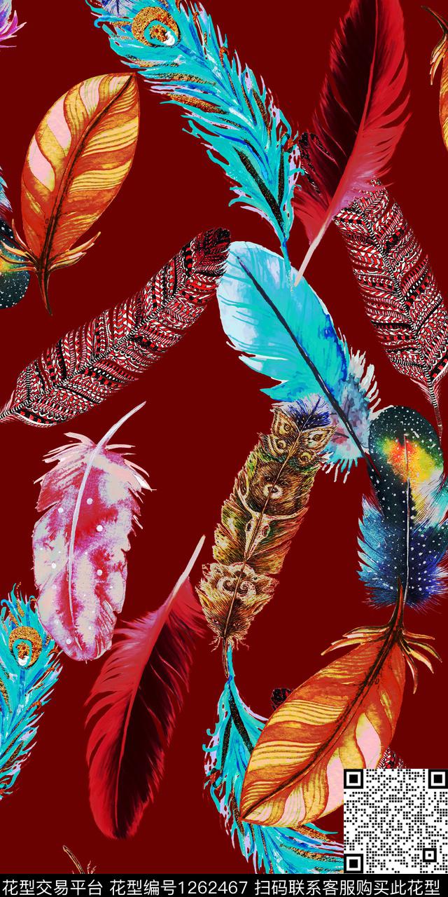 复古真丝漂亮羽毛数码印花华亿平台下载（图片编号: 1262467） - 瓦栏（Walan）