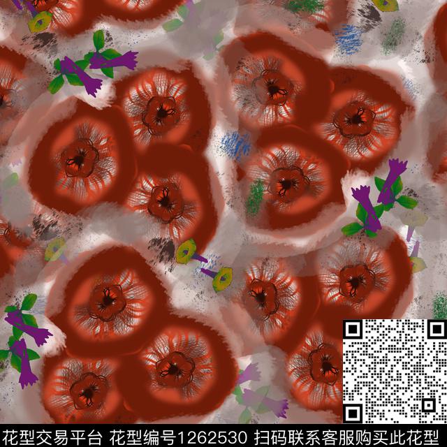 炫彩手绘花卉数码印花华亿平台下载（图片编号: 1262530） - 瓦栏（Walan）
