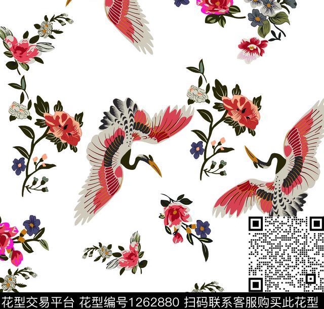 手绘花卉花卉仙鹤数码印花华亿平台下载（图片编号: 1262880） - 瓦栏（Walan）