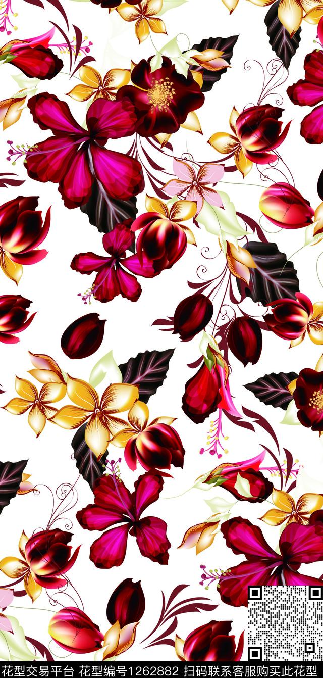 数码华亿平台手绘花卉数码印花华亿平台下载（图片编号: 1262882） - 瓦栏（Walan）