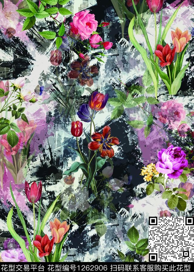 水彩花卉月季花手绘花卉数码印花华亿平台下载（图片编号: 1262906） - 瓦栏（Walan）