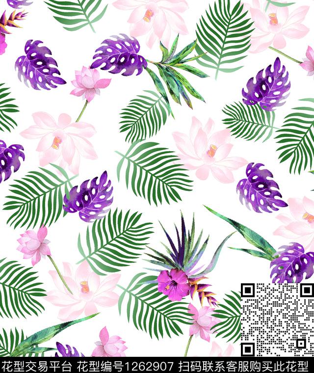 绿植树叶手绘花卉花卉数码印花华亿平台下载（图片编号: 1262907） - 瓦栏（Walan）
