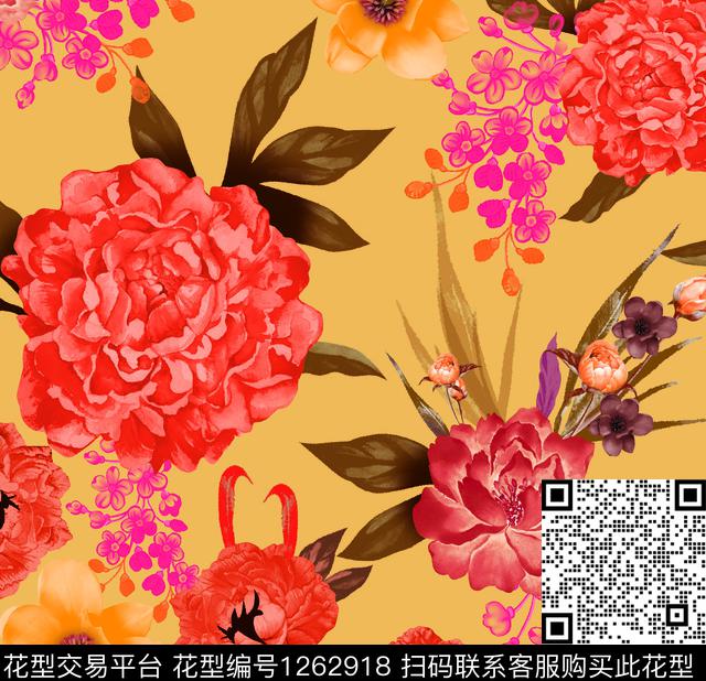 牡丹手绘花卉数码印花华亿平台下载（图片编号: 1262918） - 瓦栏（Walan）