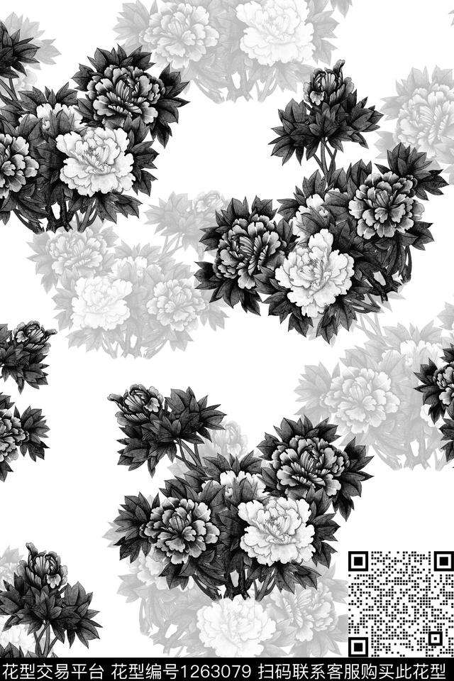 黑白系列牡丹传统华亿平台数码印花华亿平台下载（图片编号: 1263079） - 瓦栏（Walan）
