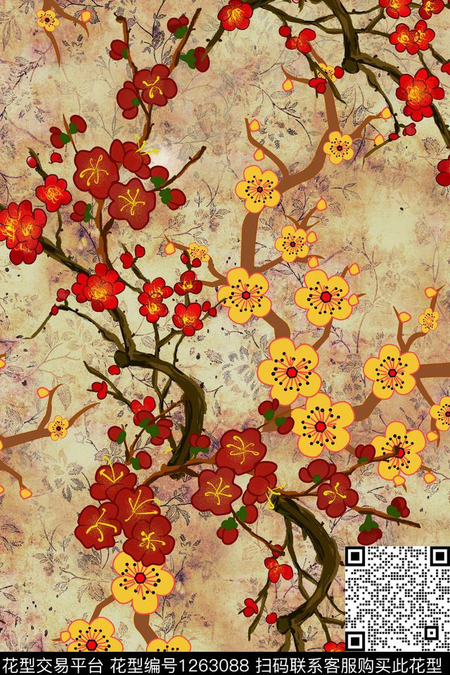 梅花中国风花卉花卉底纹数码印花华亿平台下载（图片编号: 1263088） - 瓦栏（Walan）