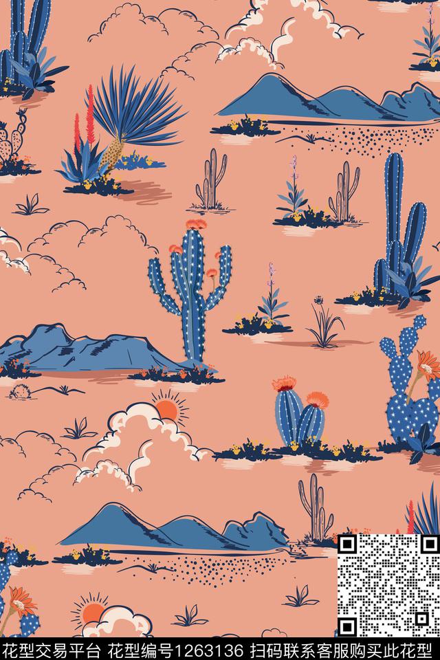 风景景观沙滩仙人掌数码印花华亿平台下载（图片编号: 1263136） - 瓦栏（Walan）