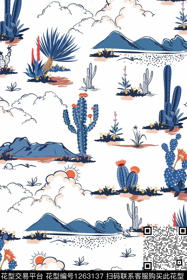 风景景观沙滩仙人掌数码印花华亿平台下载（图片编号: 1263137） - 瓦栏（Walan）