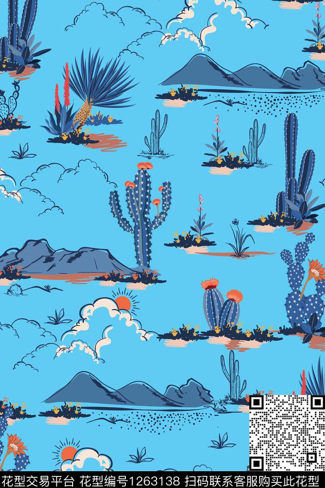 沙滩仙人掌沙漠传统印花华亿平台下载（图片编号: 1263138） - 瓦栏（Walan）