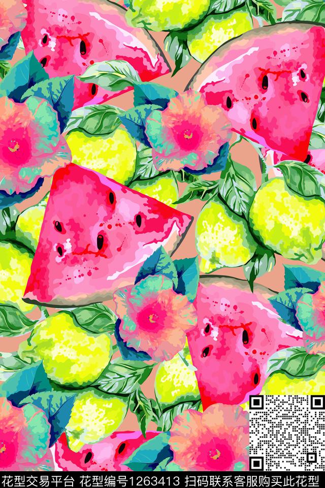柠檬水彩西瓜片数码印花华亿平台下载（图片编号: 1263413） - 瓦栏（Walan）