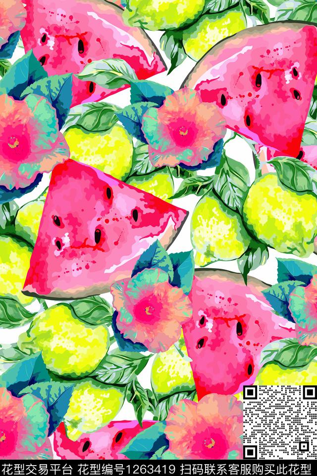 柠檬水彩西瓜片数码印花华亿平台下载（图片编号: 1263419） - 瓦栏（Walan）