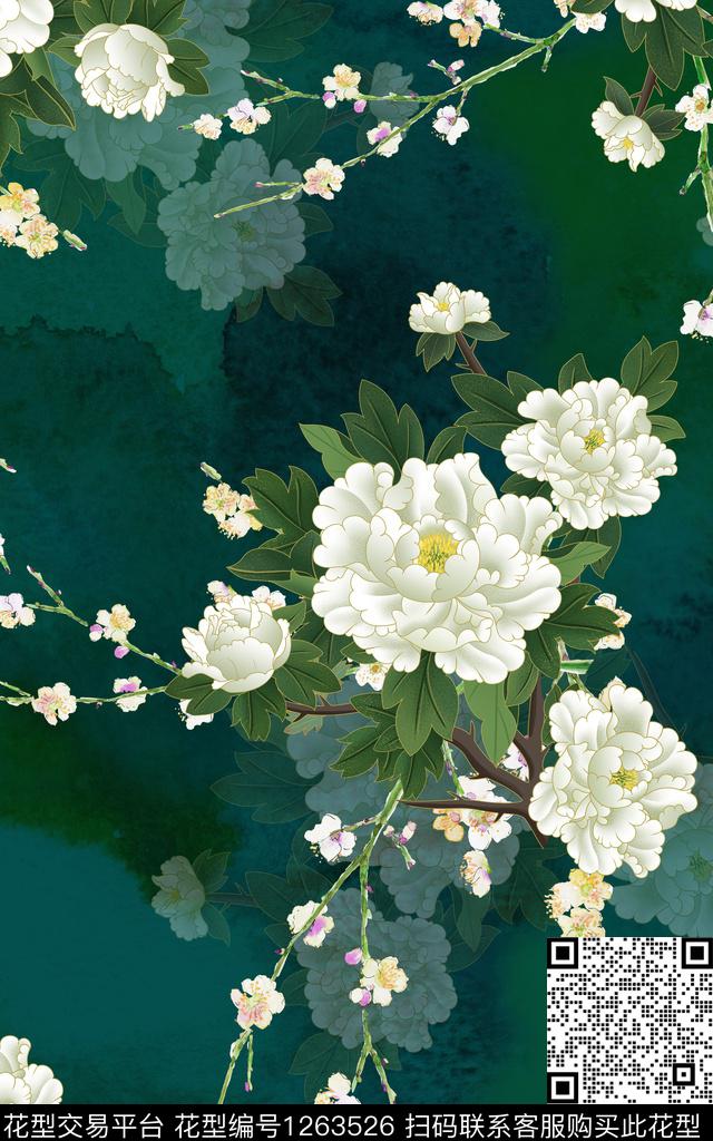 梅花牡丹花卉数码印花华亿平台下载（图片编号: 1263526） - 瓦栏（Walan）